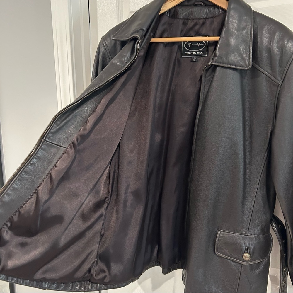 VTG 90s Tannery West Leather Black Brown Belt Collar Zip Jacket Coat Women XL - Picture 8 of 17